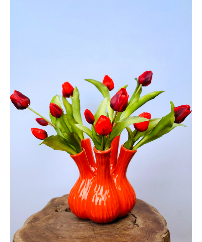 Kunstboeket "Rode Tulpen" - incl. oranje tulpenvaas | 45cm